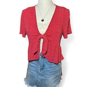 Pacsun Floral Babydoll Red and White Tie-Front Blouse Summer Tomato Girl